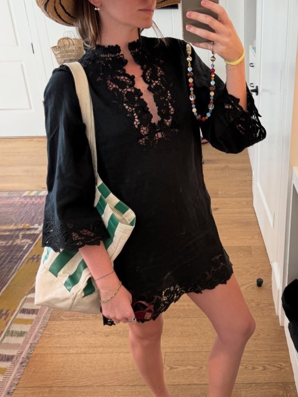 NWT Doen Roselie Linen Lace Crochet Collar 3/4 Sleeve Tunic Mini Dress Black - Picture 1 of 16